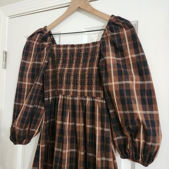 J Crew Smocked Puff-Sleeve  Midi Dress in Brown Friday Plaid, Small - Picture 4 of 11